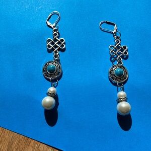 Silver and Blue Ornate Dangle Earrings with Turquoise Inlay